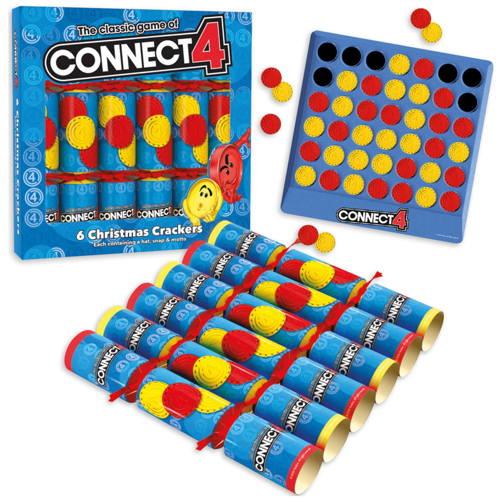 Hasbro connect 4 themed Christmas crackers. The crackers are blue and feature the iconic coin design.
