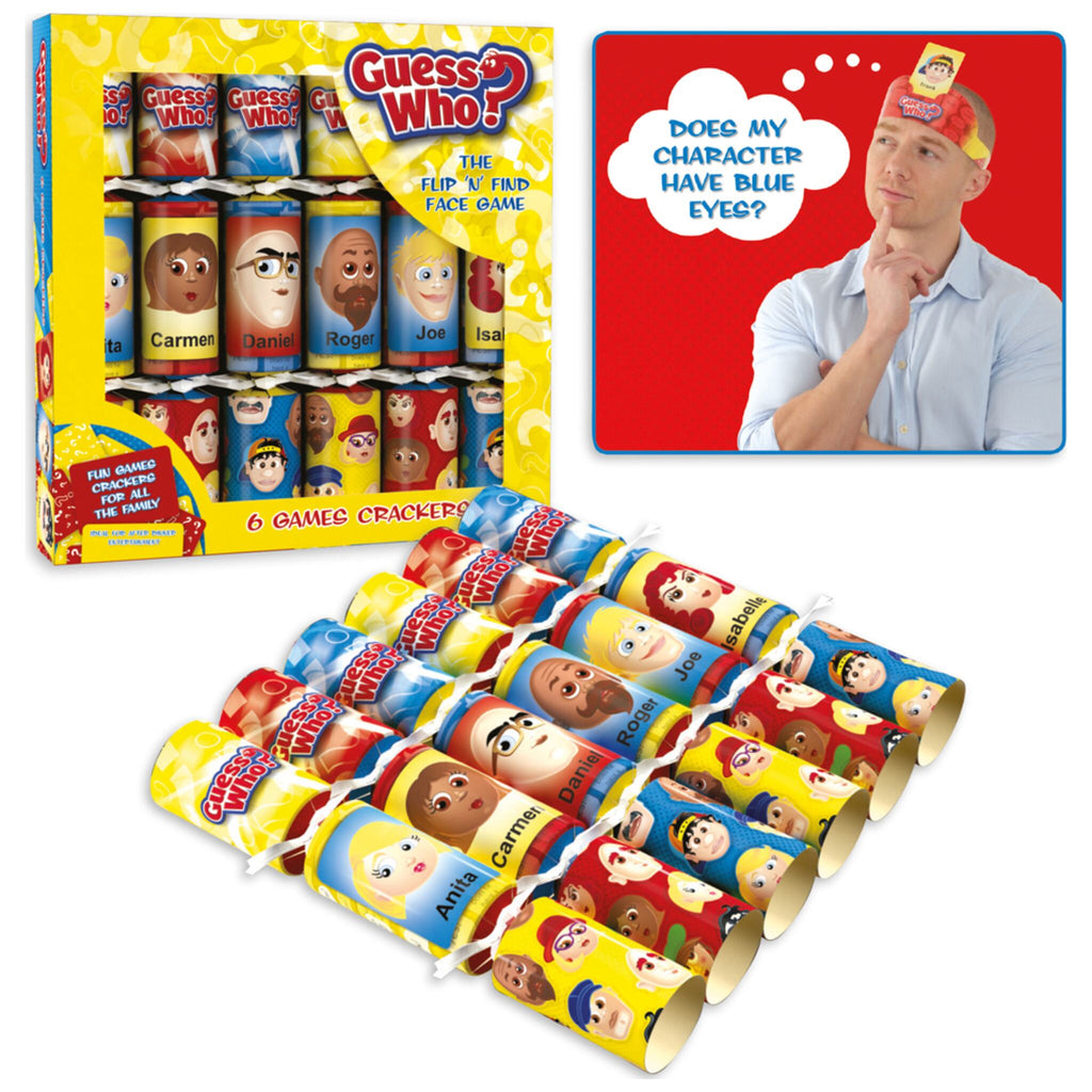 Guess Who? game crackers with packaging and a person wearing a hat with a question about character eyes.