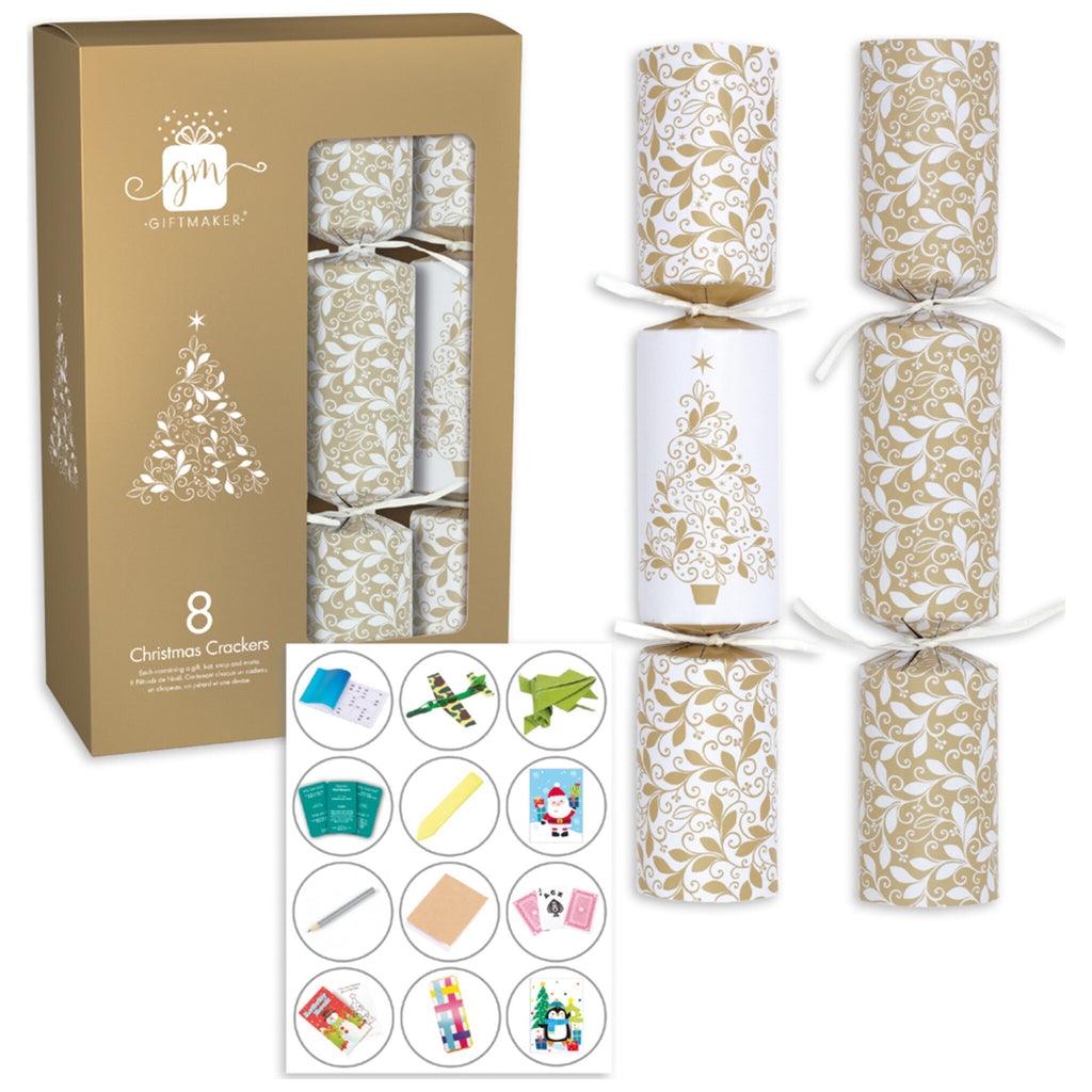 Set of 8 gold Christmas cracker. Featuring festive foliage designs, these are a lovely accessory for your Christmas dining tables.