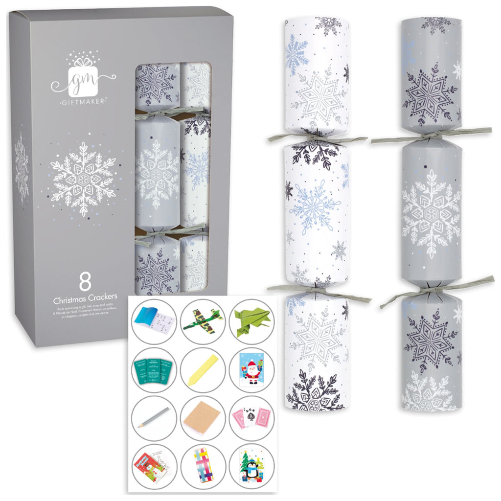 Silver snowflake themed Christmas cracker set of 8. Each one contains a hat, joke, and novelty.