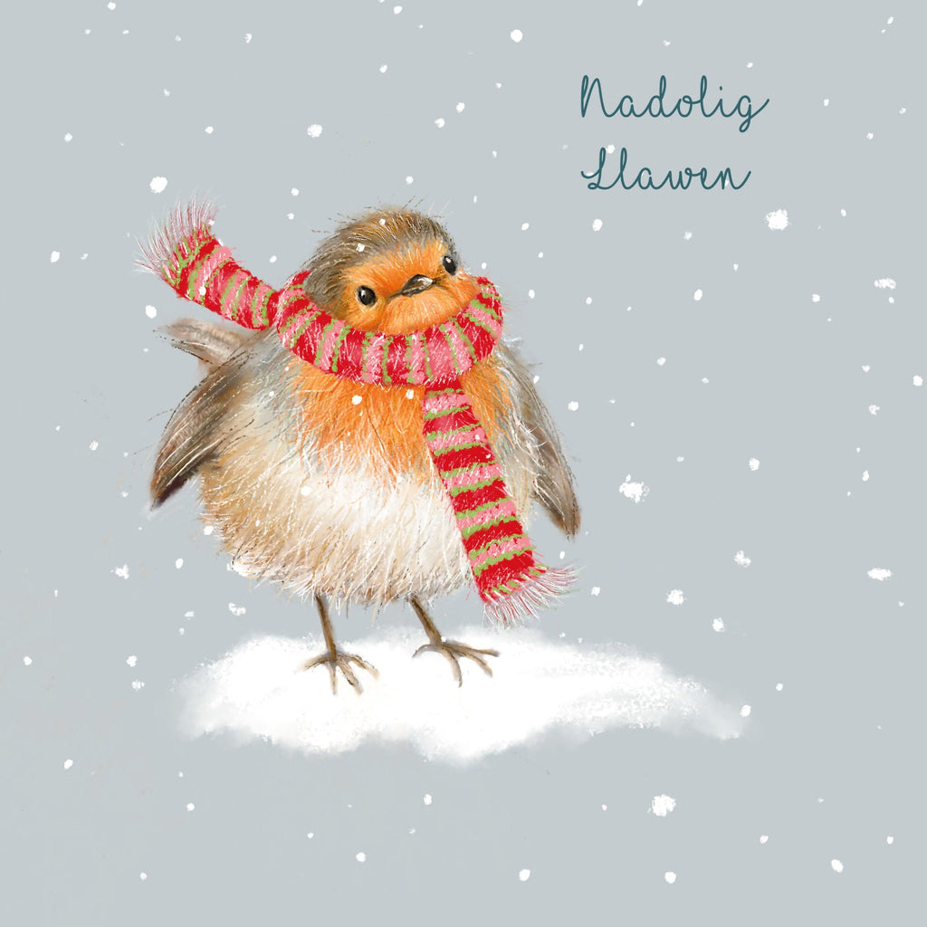 Cheery Christmas Robin 10 Welsh Bilingual Christmas Cards