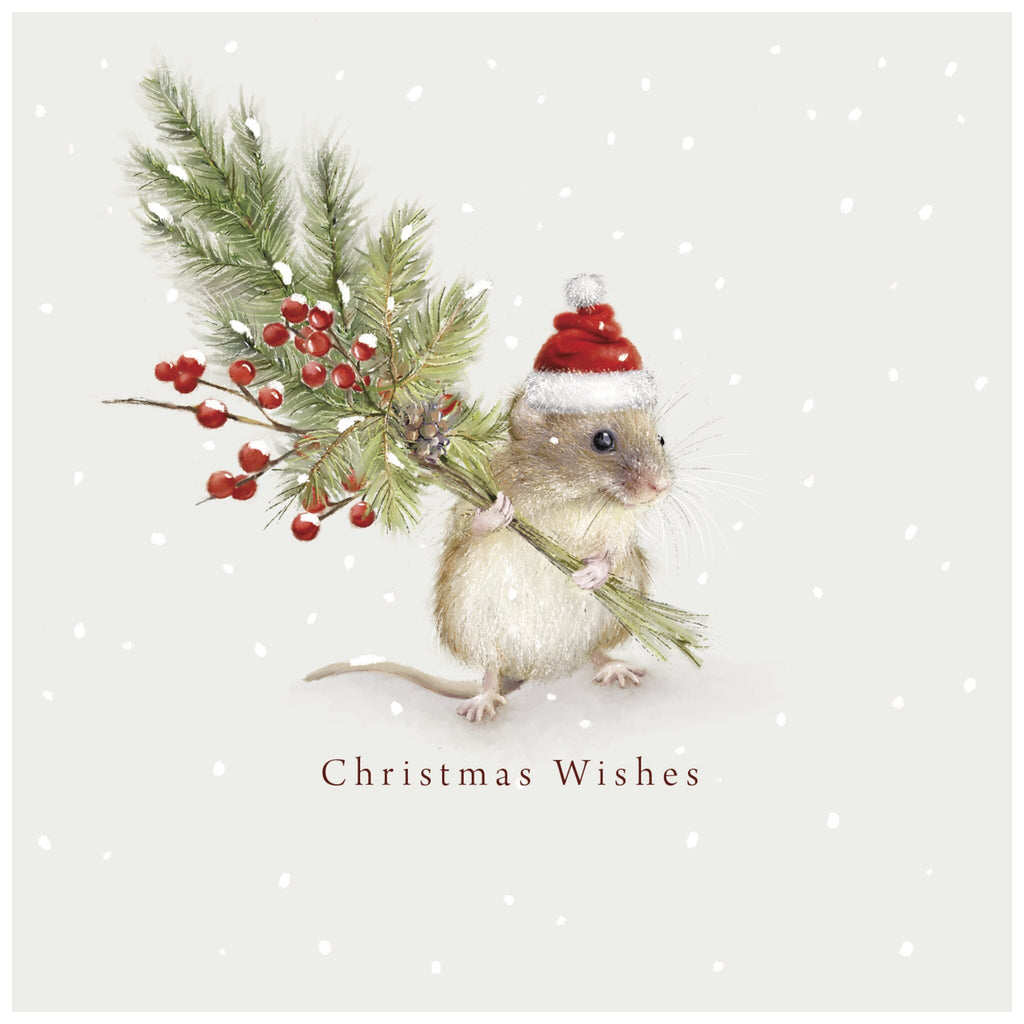 A Christmas card of a small mouse wearing a red Santa hat with white trim, holding a sprig of evergreen with red berries. The background is light grey with falling snowflakes, and the text 'Christmas Wishes' appears in red below the mouse.