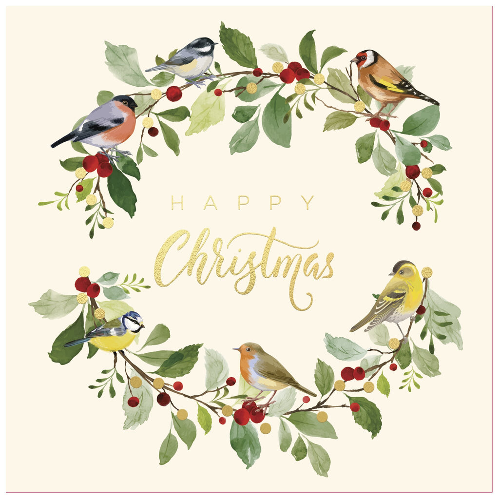 A festive illustration of a wreath made of green leaves and red berries, with six colourful birds—including robins and finches—perched around it. In the centre, gold text reads 'HAPPY Christmas' against a light cream background
