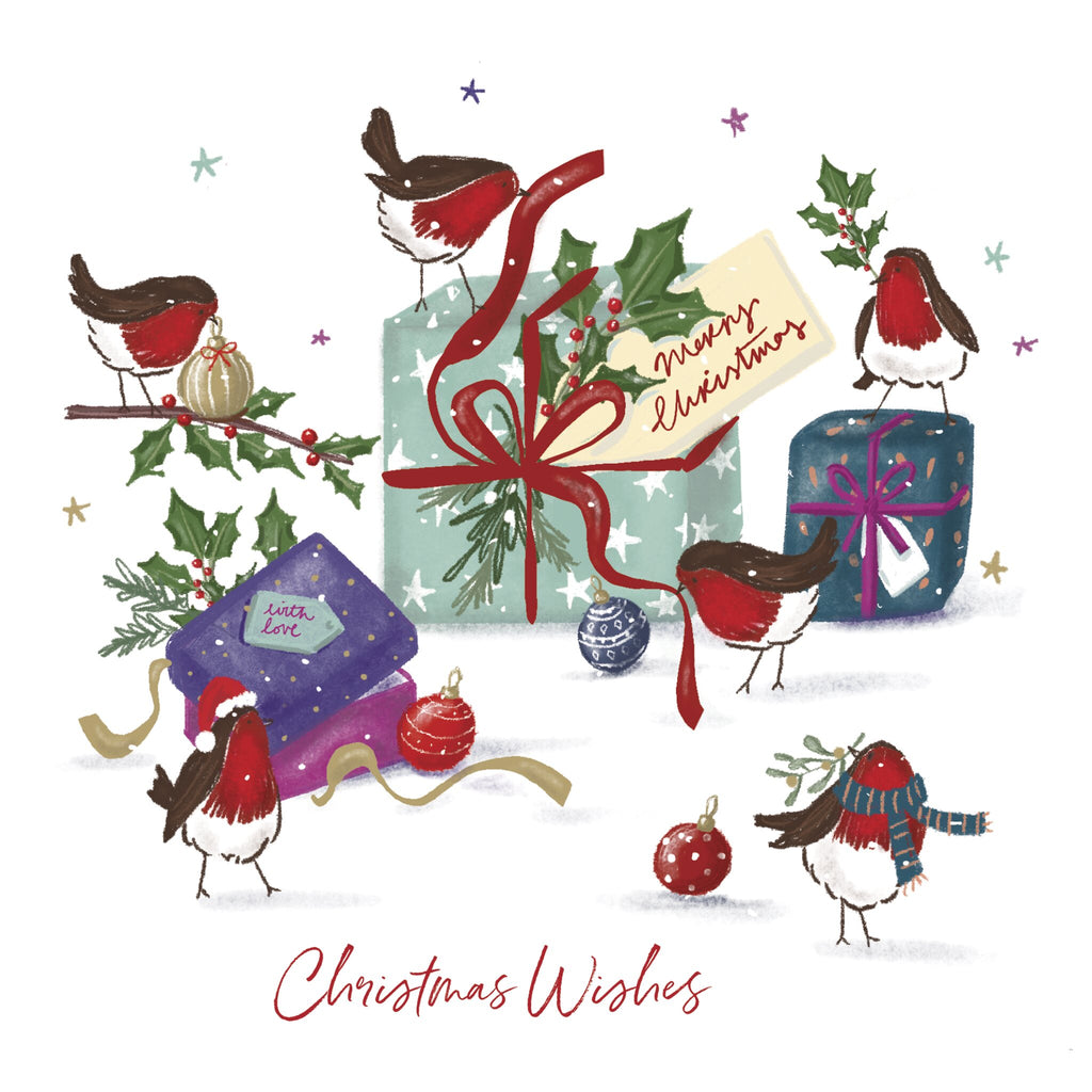 A Christmas card of a festive scene featuring several robins interacting with wrapped presents and holly branches. The gifts are decorated with ribbons and tags reading 'merry christmas' and 'with love'. Some birds are perched on the presents, others hold ornaments or wear scarves. The text 'Christmas Wishes' appears at the bottom
