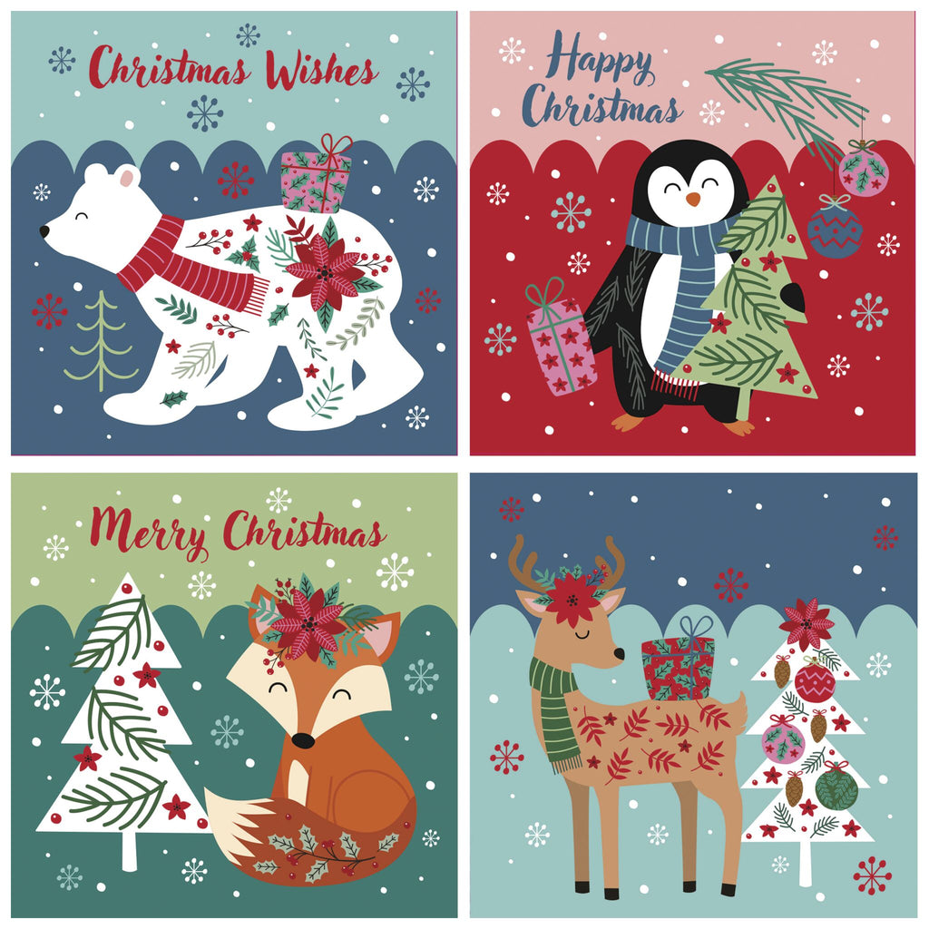 A Christmas card pack featuring four festive animal designs aimed at children. The top left card shows a polar bear in a red scarf with the text 'Christmas Wishes'. The top right card features a penguin holding a Christmas tree and presents, with the text 'Happy Christmas'. The bottom left card depicts a fox beside decorated trees with the text 'Merry Christmas'. The bottom right card shows a reindeer in a green scarf standing next to presents and trees. Each card includes snowflakes and festive decorations