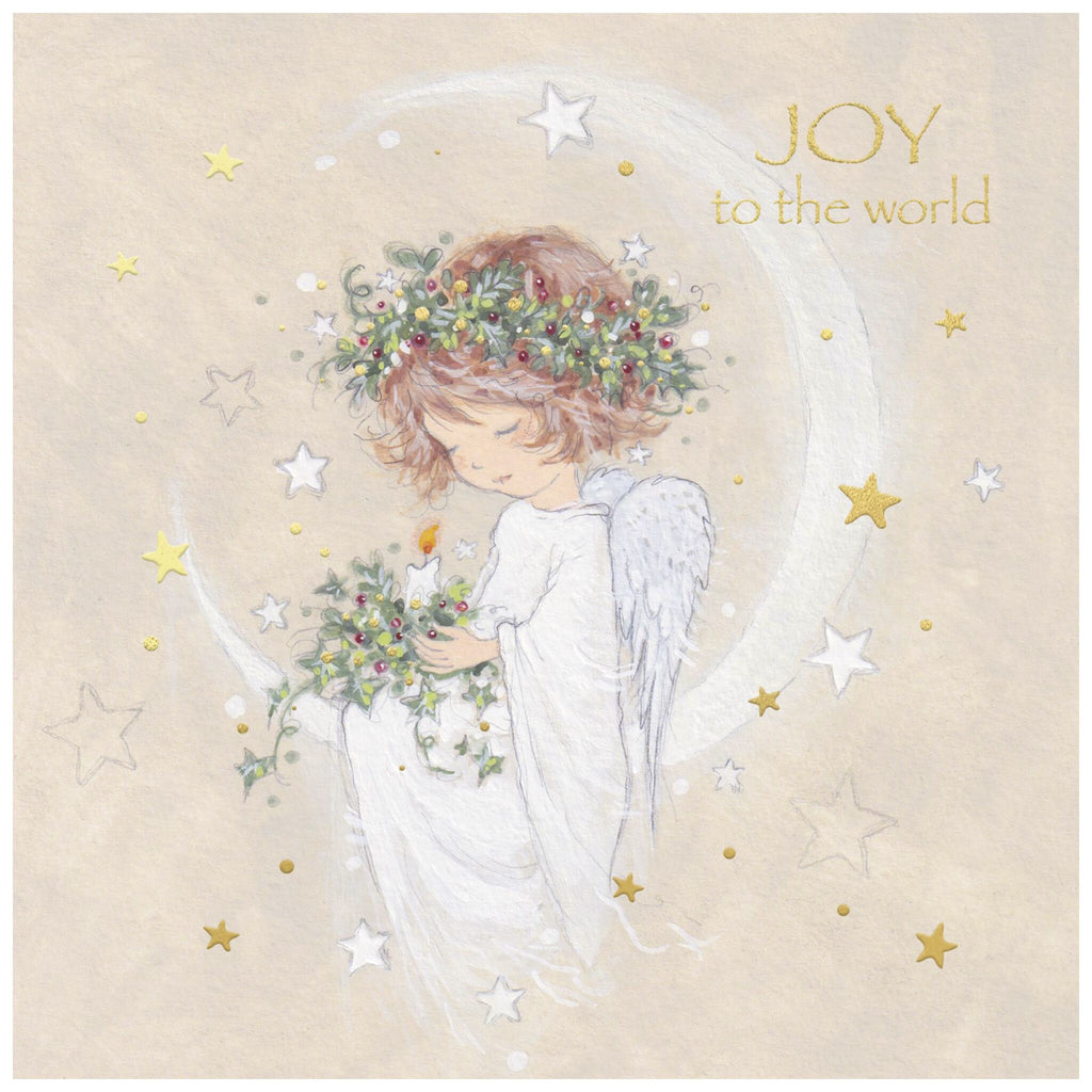 This Christmas card features an illustration of an angel with wings, dressed in a white robe and wearing a holly wreath on their head. The angel holds a small bouquet of holly and sits on or near a crescent moon, surrounded by gold and white stars. The text 'JOY to the world' appears in the top right corner