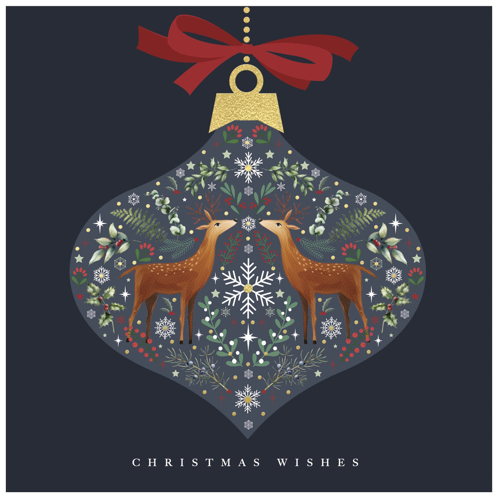 A bauble inspired Christmas card, featuring two reindeer facing each other at the centre. The bauble is decorated with snowflakes, holly, berries, and foliage, and topped with a red bow with gold accents. Below the ornament, the text 'CHRISTMAS WISHES' is displayed
