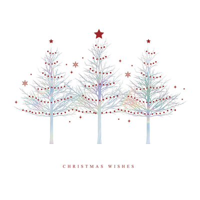 A Christmas card of three stylised Christmas trees decorated with red ornaments and topped with red stars. Snowflakes and small stars are scattered around the trees, and the text 'CHRISTMAS WISHES' appears below in red capital letters.