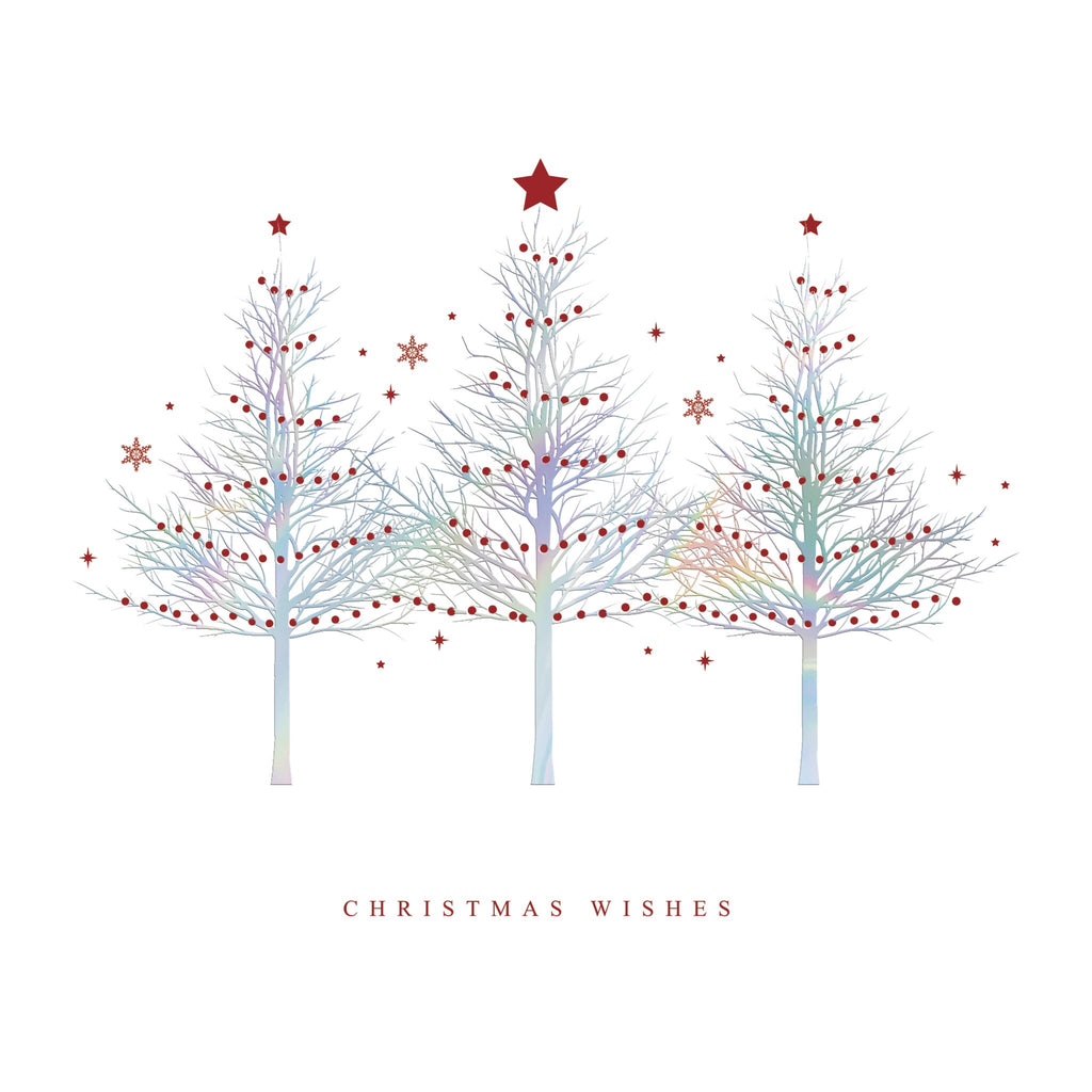 A Christmas card of three stylised Christmas trees decorated with red ornaments and topped with red stars. Snowflakes and small stars are scattered around the trees, and the text 'CHRISTMAS WISHES' appears below in red capital letters.