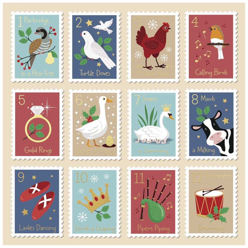 A Christmas card of twelve illustrated postage stamps arranged in a 4x3 grid, each depicting a verse from 'The Twelve Days of Christmas'. The stamps feature: a partridge in a pear tree, turtle doves, French hens, calling birds, gold rings, geese a-laying, swans a-swimming, maids a-milking, ladies dancing, lords a-leaping, pipers piping, and drummers drumming.