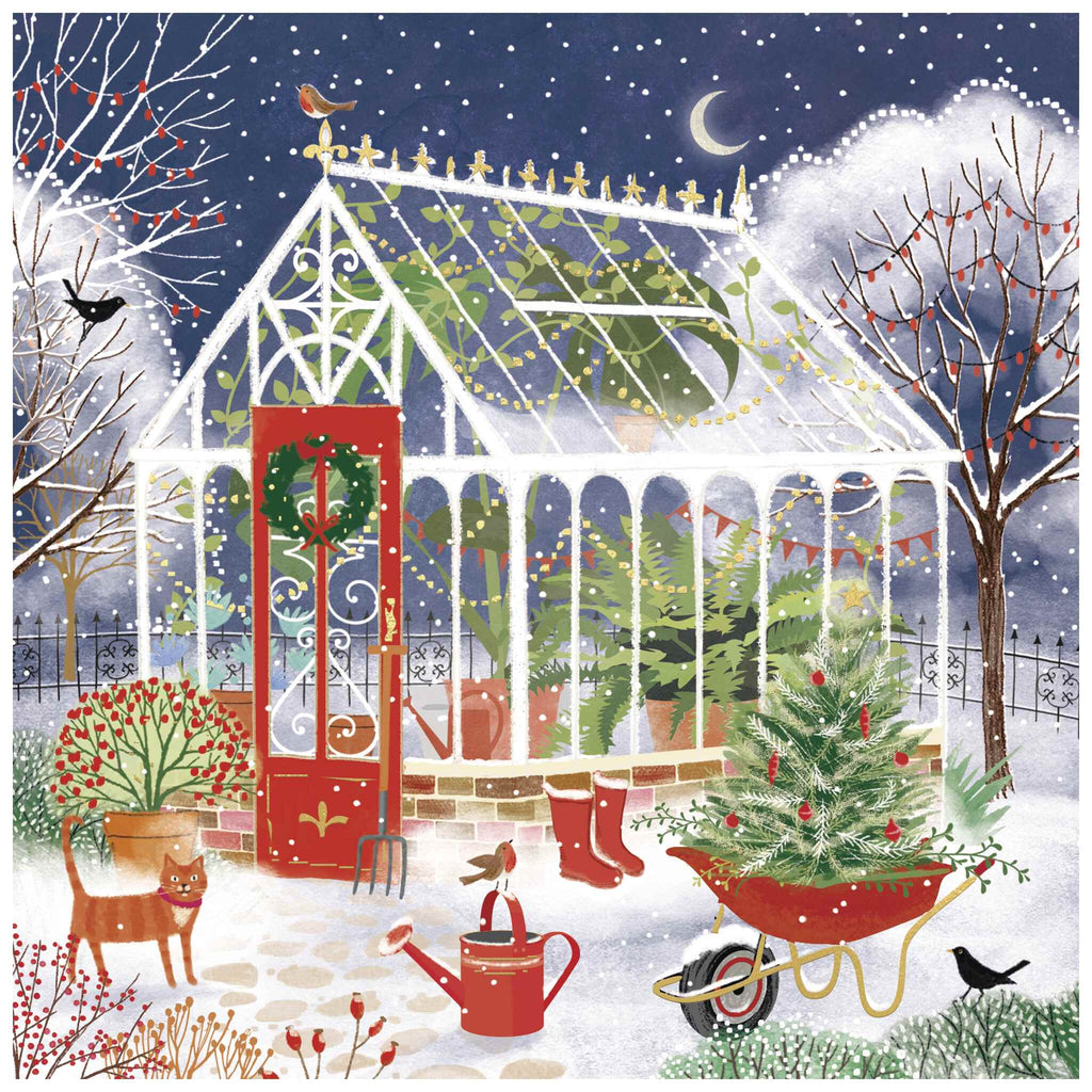 A gardening inspired charity Christmas card. Outside are gardening tools, a watering can, a pitchfork, and a wheelbarrow carrying a small decorated Christmas tree. Birds, bare trees, and a cat appear in the scene, with snow gently falling and a crescent moon visible in the cloudy sky.
