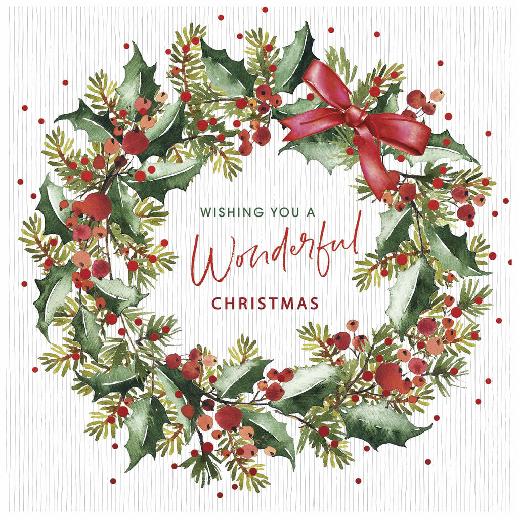 A Christmas card of a festive wreath made of holly leaves, red berries, and green foliage, with a red ribbon bow at the top right. The background features subtle vertical lines and scattered red dots. In the centre of the wreath, the text reads: 'WISHING YOU A Wonderful CHRISTMAS.'