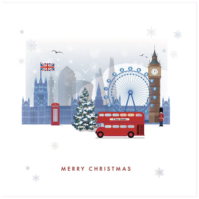 A scenic London themed Christmas Card featuring Big Ben and the London Eye. A red bus drives past the iconic landmarks.