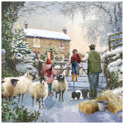 Winter scene with people and sheep near a house in the snow