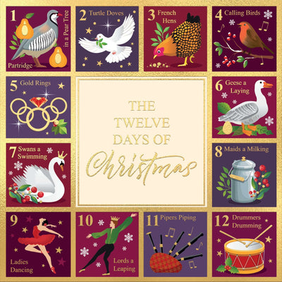 A charity Christmas card featuring a Christmas advent-style calendar grid titled 'The Twelve Days of Christmas' with twelve illustrated daily panels around a central cream panel. The designs include Partridge in a Pear Tree, Turtle Doves, French Hen, Calling Birds, Gold Rings, Geese a Laying, Swans a Swimming, Maids a Milking, Ladies Dancing, Lords a Leaping, Pipers Piping, and Drummers Drumming.