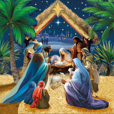 A traditional charity Christmas card featuring a colourful Christmas nativity scene painting showing Mary, Joseph, baby Jesus in a manger, wise men, shepherds, and animals under a starry night sky with palm trees and a stable.