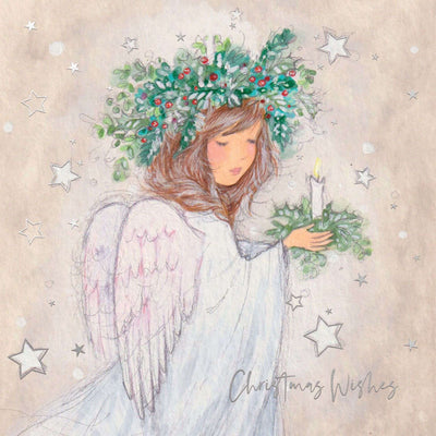 A traditional Christmas card featuring a winged angel in a white gown holding a candle, with a green wreath on her head and the words 'Christmas Wishes' on a textured beige background with silver stars.