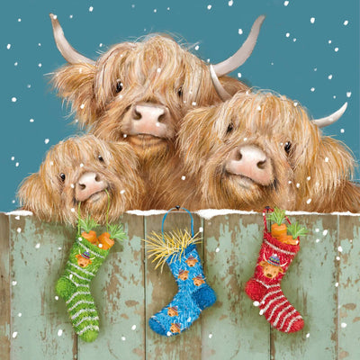 A charity Christmas card featuring three Highland cows peeking over a weathered wooden fence with three colourful Christmas stockings hanging below, each holding carrots, against a snowy teal-blue background.