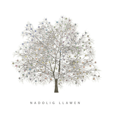 Welsh speaking charity Christmas card by Cancer Research UK. The design features a minimalist Christmas illustration featuring a bare tree decorated with small multicoloured ornaments, centred on a white background with the text 'NAGOLIG LLAWEN' below.