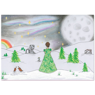 This charity Christmas card depicts a girl in a green dress looking out to snow-littered fields. The fields have shiny green Christmas trees in them. In the background is a starry night with a moon to the right, and rainbow to the left.