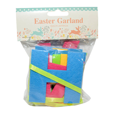 Packaged felt Easter garland set featuring colourful cut‑out letters and shapes with a bright ribbon, labelled “Easter Garland 130cm approx”.