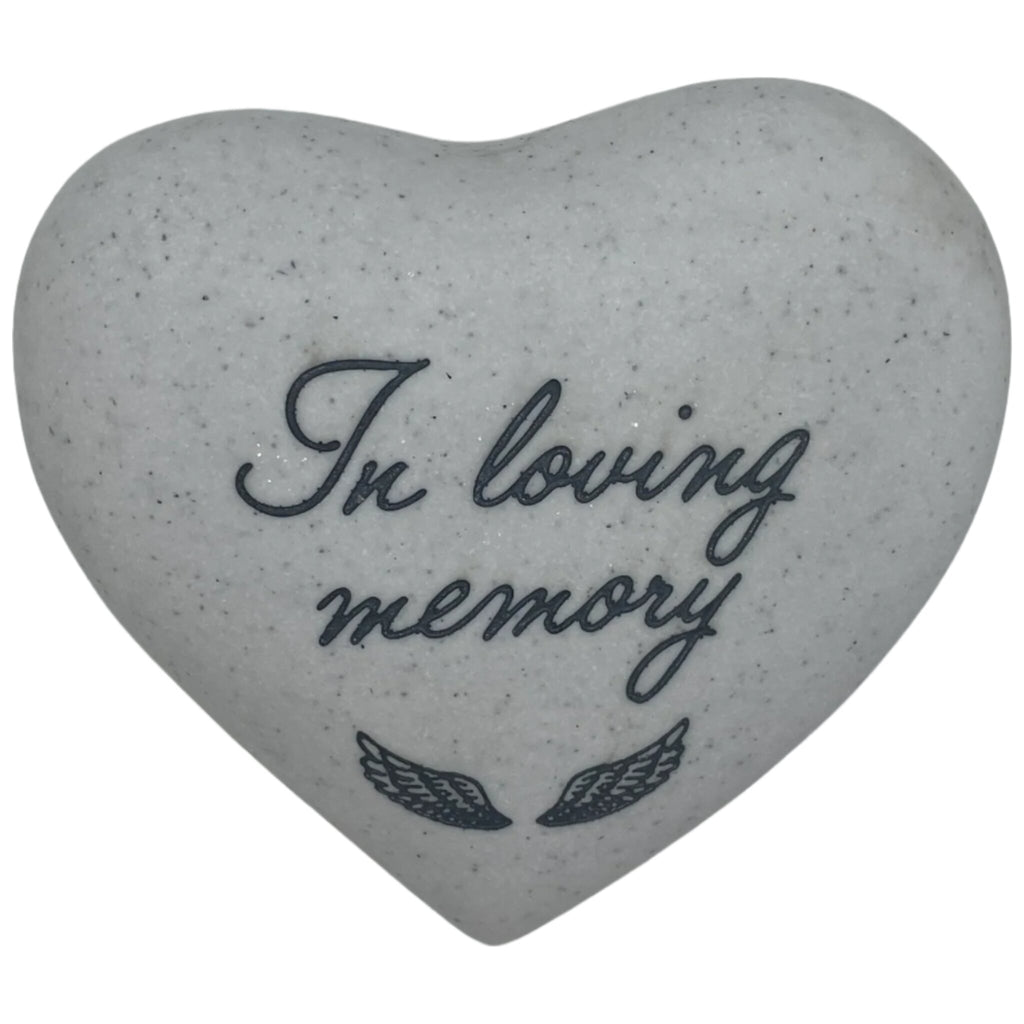 In Loving memory remembrance stone. This heart-shaped stone evokes calm and stillness. Suitable for remembrance, memorial and bereavement gifting.