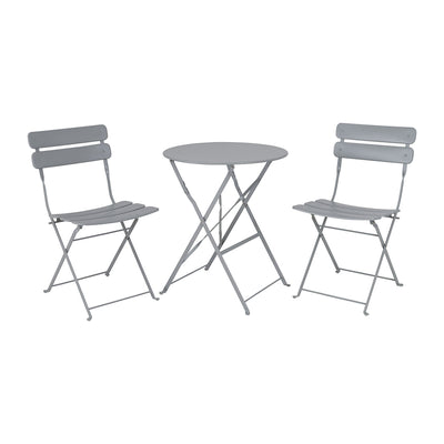 Pair of grey bistro seats and table set against a white background. Ideal for summer outdoor dining.