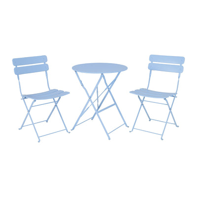 Pair of blue bistro seats and table set against a white background. Ideal for summer outdoor dining.