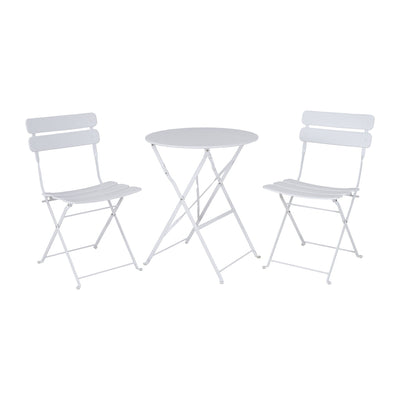 Pair of white bistro seats and table set against a white background. Ideal for summer dining.