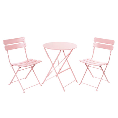 Pair of pink bistro seats and table set against a white background. Ideal for summer outdoor dining.