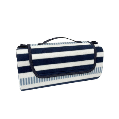 Navy and white striped picnic blanket with a handle on a white background