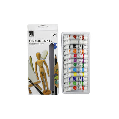 Pack of twelve acrylic paint tubes, each containing 12ml of colour. The set includes a range of bright and neutral shades arranged together.