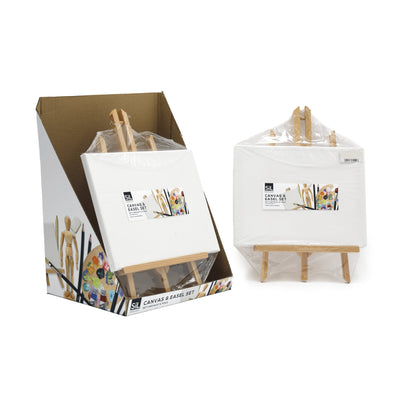 Rectangular white artist canvas measuring approximately 30x23cm, displayed on a small wooden tabletop easel.