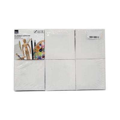 Pack of six small square plain artist canvasses, each measuring 10x10cm. The canvasses have smooth white fabric surfaces stretched over slim wooden frames.