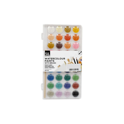 Watercolour paint set containing 36 colour pans arranged in a rectangular plastic tray. The palette features a wide variety of shades, including multiple pinks, purples, reds and oranges alongside blues, greens and neutrals.