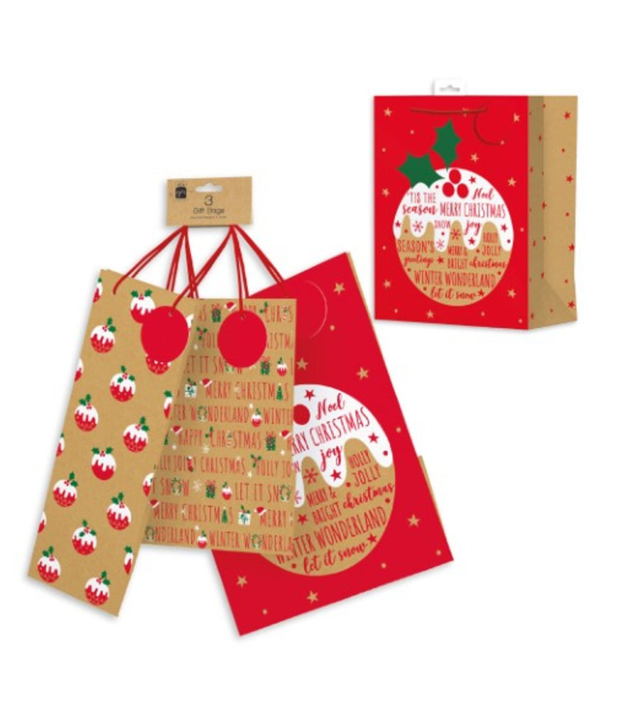 Christmas Pudding Kraft Gift Bags - 3 Pack