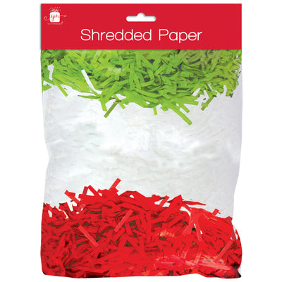 Shredded paper that comes in green, white and red. The perfect finishing touch for gifting.