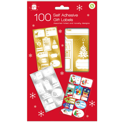 Packaging of self-adhesive gift labels with various designs on a red background