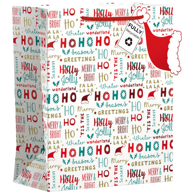 White Christmas Gift Bag with repeating Ho Ho Ho and Seasons Greeting design.