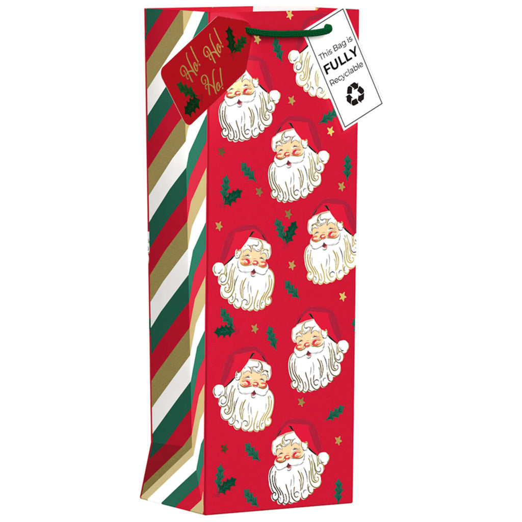 Red gift bag with Santa Claus design and candy cane pattern on a white background