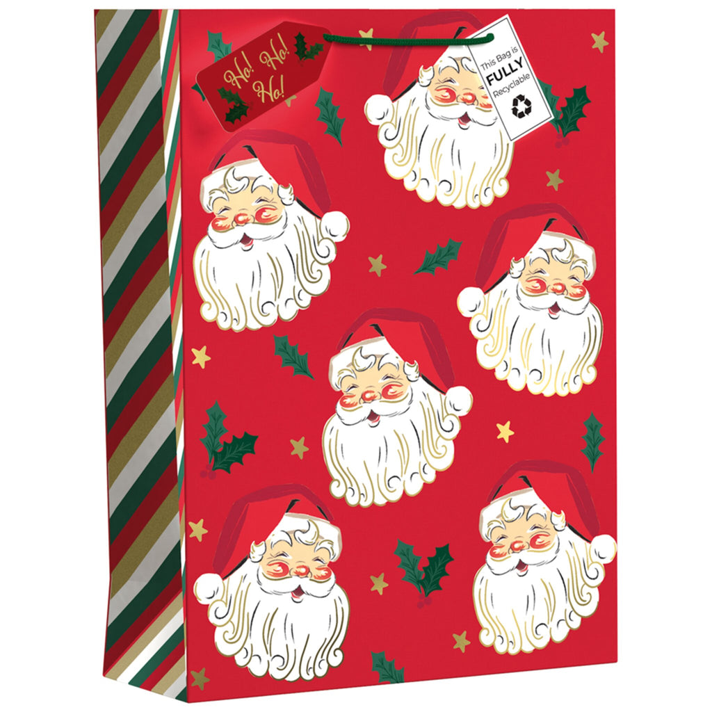 Red gift bag with Santa Claus design on a white background