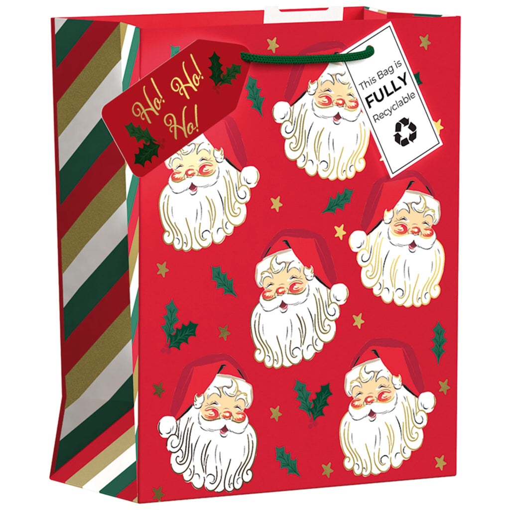 Red gift bag with Santa Claus and striped design on a white background.