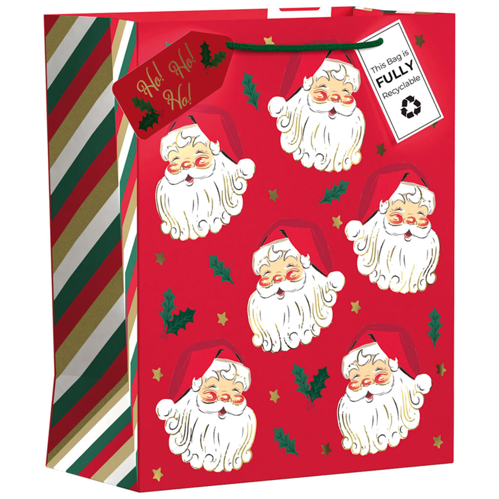 Red gift bag with Santa Claus and striped design on a white background