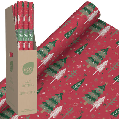 A red gift wrap with a Christmas Tree print. Fully recyclable.