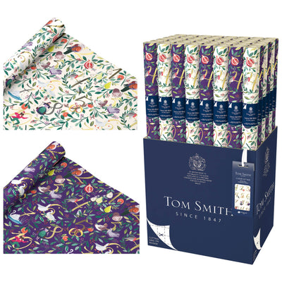 Tom Smith 12 Days Of Christmas Fsc Gift Wrapping paper available in floral cream and purple designs.
