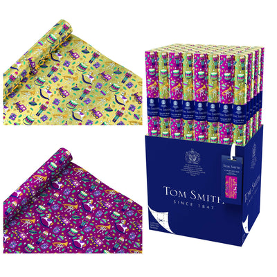 Tom Smith wrapping paper gift set shown with a large blue display box, a rolled yellow patterned sheet, and a folded purple patterned sheet on a white background.