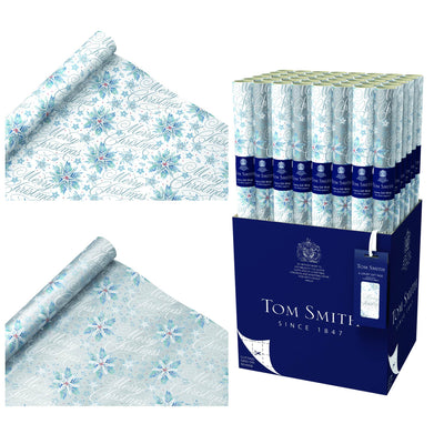 Silver, snowflake gift wrap by Tom Smith. Arrives in two different styles.