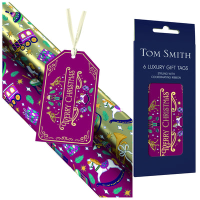 Six Tom Smith Gift Tags, available in gold and purple.