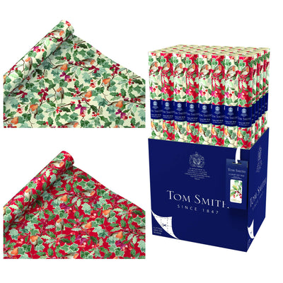 Tom Smith gift wrap featuring robins and festive foliage. Available in red and green.