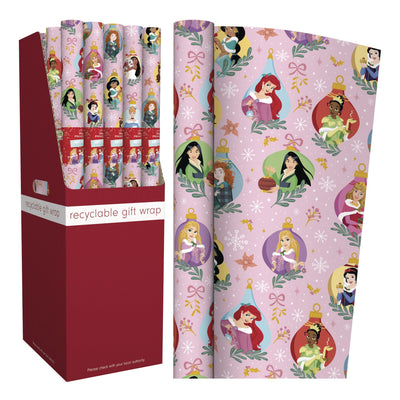 Disney princess-themed recyclable gift wrap shown in a red display box with multiple rolled sheets, plus one large flat sheet displaying the repeating character pattern on a pink background.